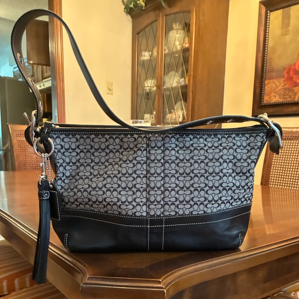 Coach Black and Gray Signature Canvas Shoulder Bag